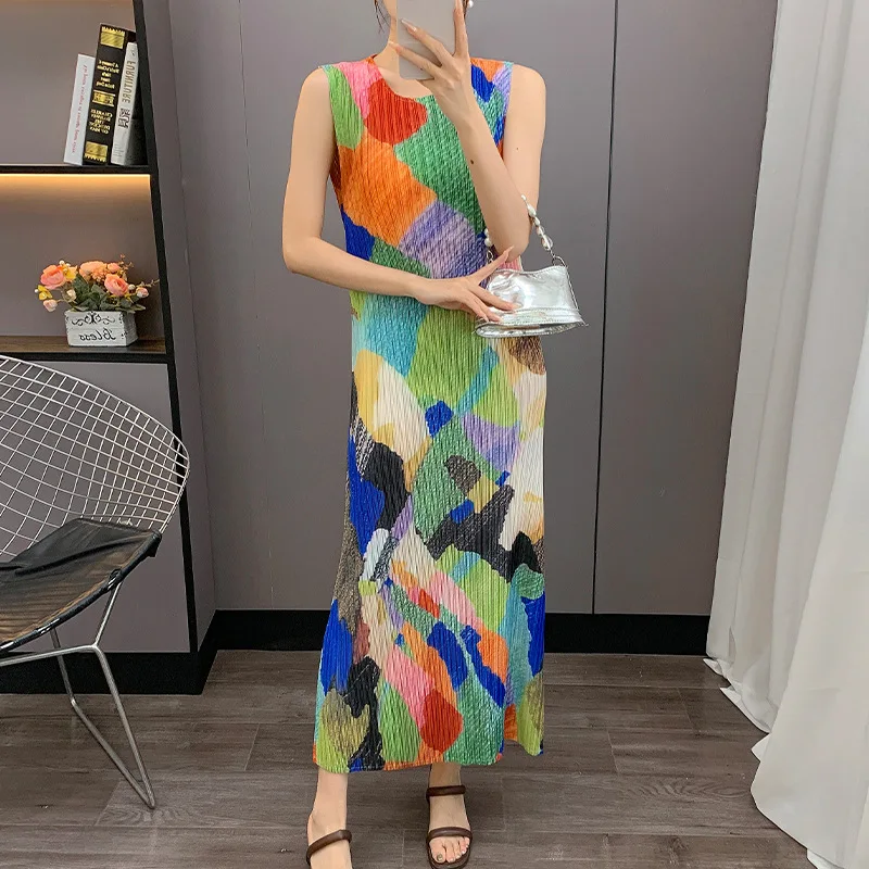 

Fashion Casual Versatile Design High-end Comfort Loose Women's Dresses 2025 Summer New Miyake Pleated Printed Vest Dress