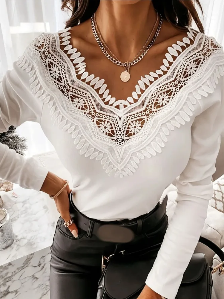 White Lace T Shirt For Women Casual V Neck Long Sleeve Pullover Hook Flower Hollow Tshirts Tops Lady Fashion Holiday Clothes New