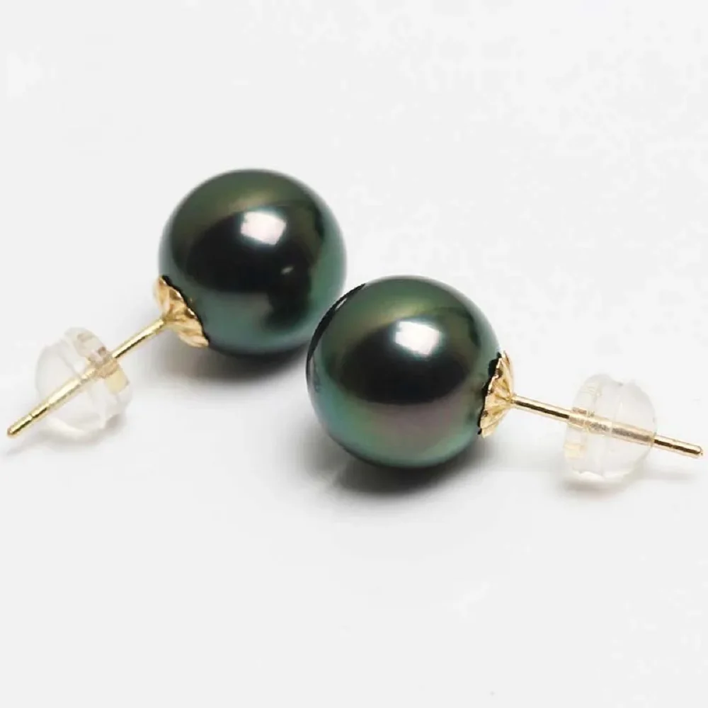 

Natural Pearl AAAA 8-9mm 9-10mm 10-11mm Black Tahitian Round Pearl Earrings 18K/AU750 Gold