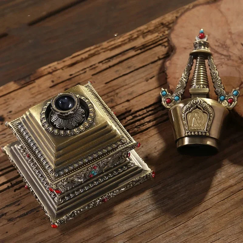 Bronze Tibetan Stupa Tantric Engraved Buddhist Statue Pearl Inlaid Gemstone Alloy Handicraft Altars
