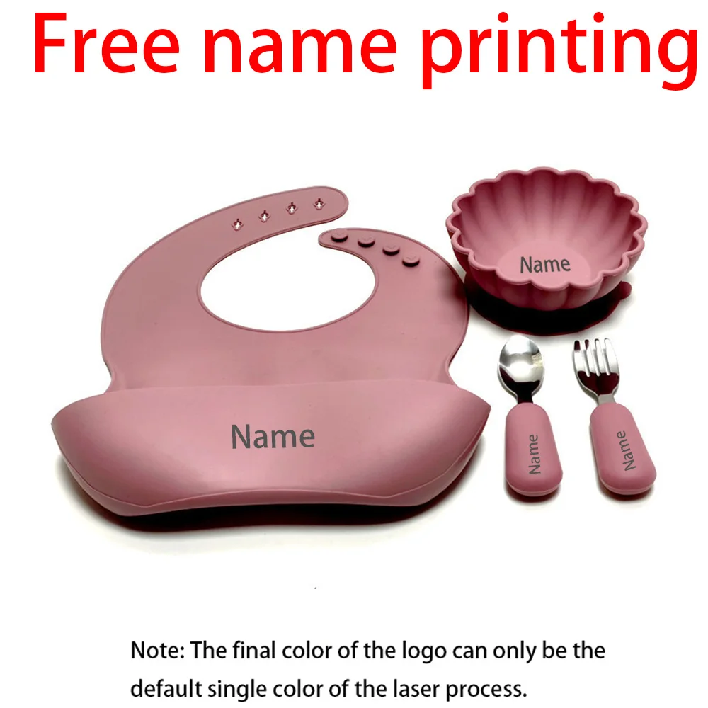 

Free Name Printing Silicone Tableware Bowl Fork Spoon Bib Suitable for Boys and Girls Holiday Gift