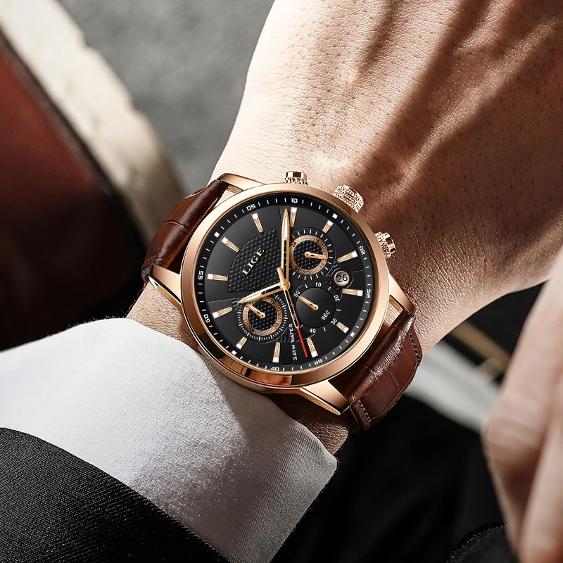 LIGE Brand Watches Men Luxury Casual Leather Quartz Mens Watch Business Wristwatch Male Sports Waterproof Date Chronograph Clock