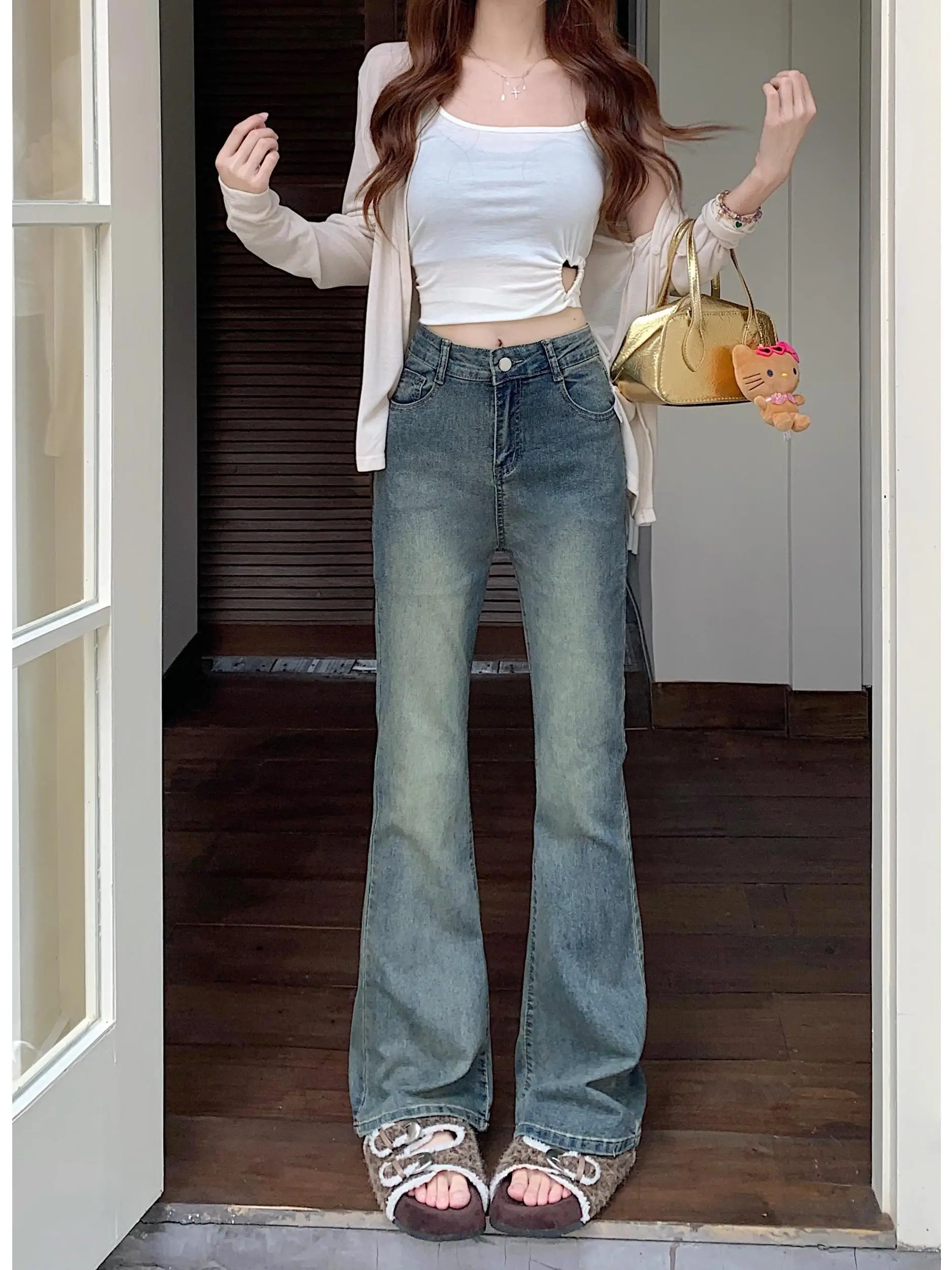 

Джинсы-клеш с высокой талией для женщин, весна 2026, новый стиль, американское ретро, длинные брюки, модные джинсы для девушек в стиле Spicy Girl