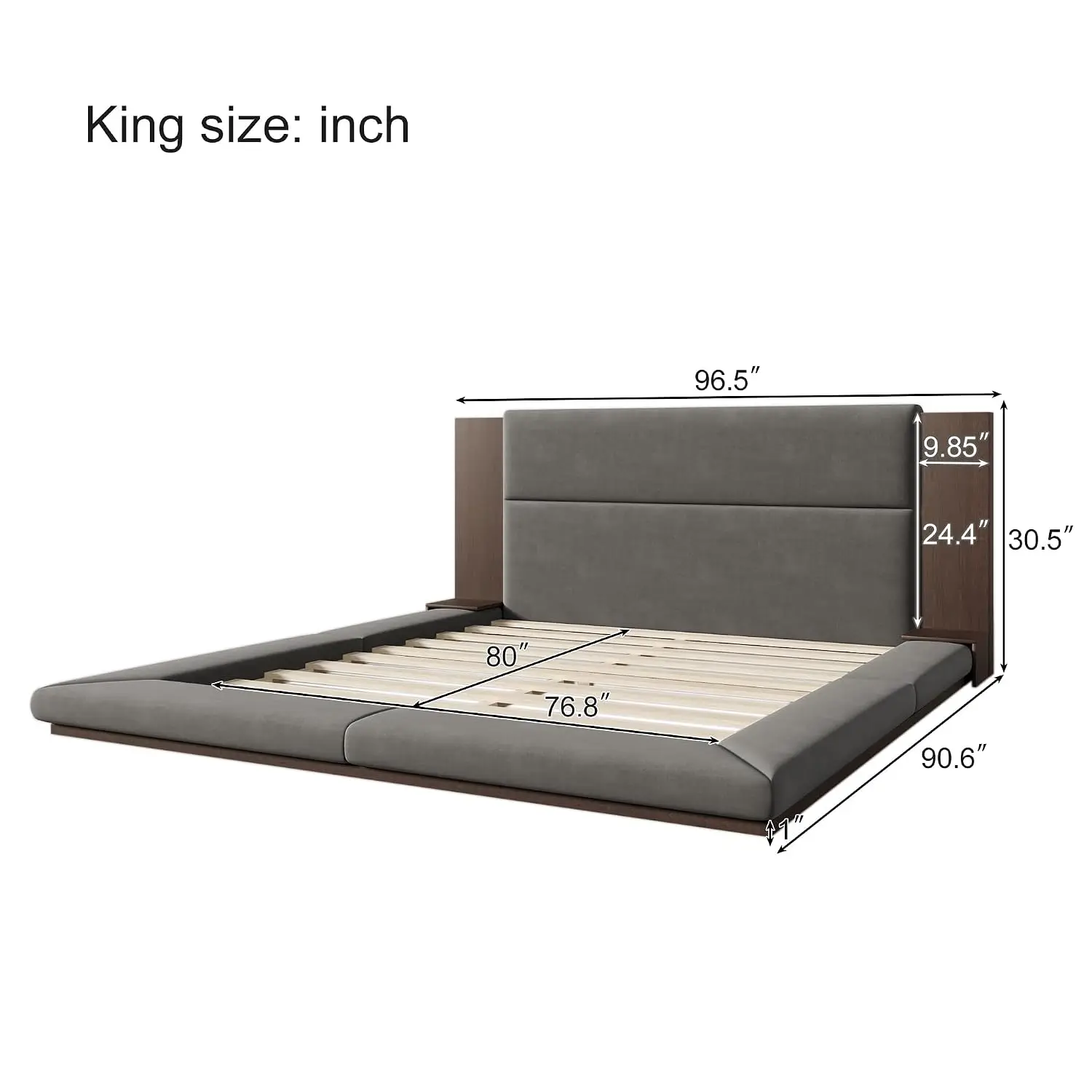 Upholstered King Platform Bed Modern Extended Wood Headboard & Shelf Strong Slats No Box Spring Easy Assembly, Customized