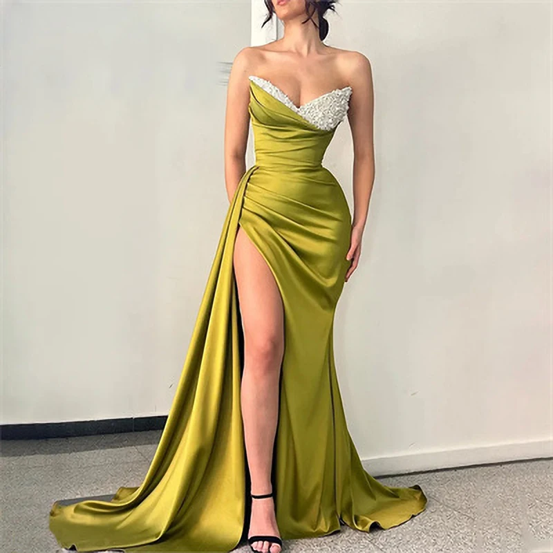 Women's Banquet Dresses Strapless Slim High Split Trailing Dresses for Banquet Party Prom Cocktail