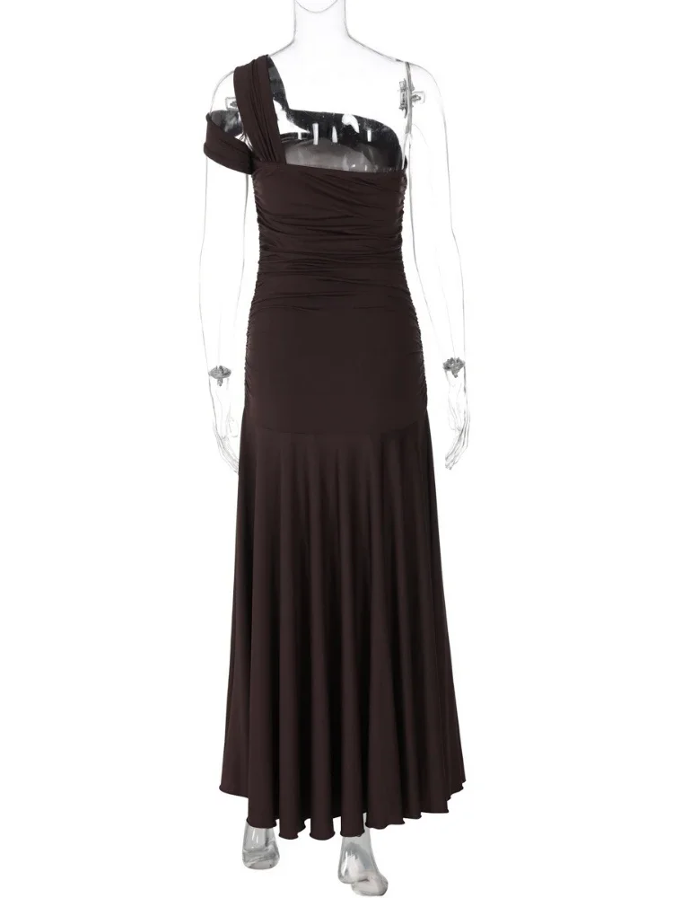 Chaxiaoa ombro inclinado sem costas sexy maxi vestidos femininos moda um ombro split sem mangas clube festa vestido de noite