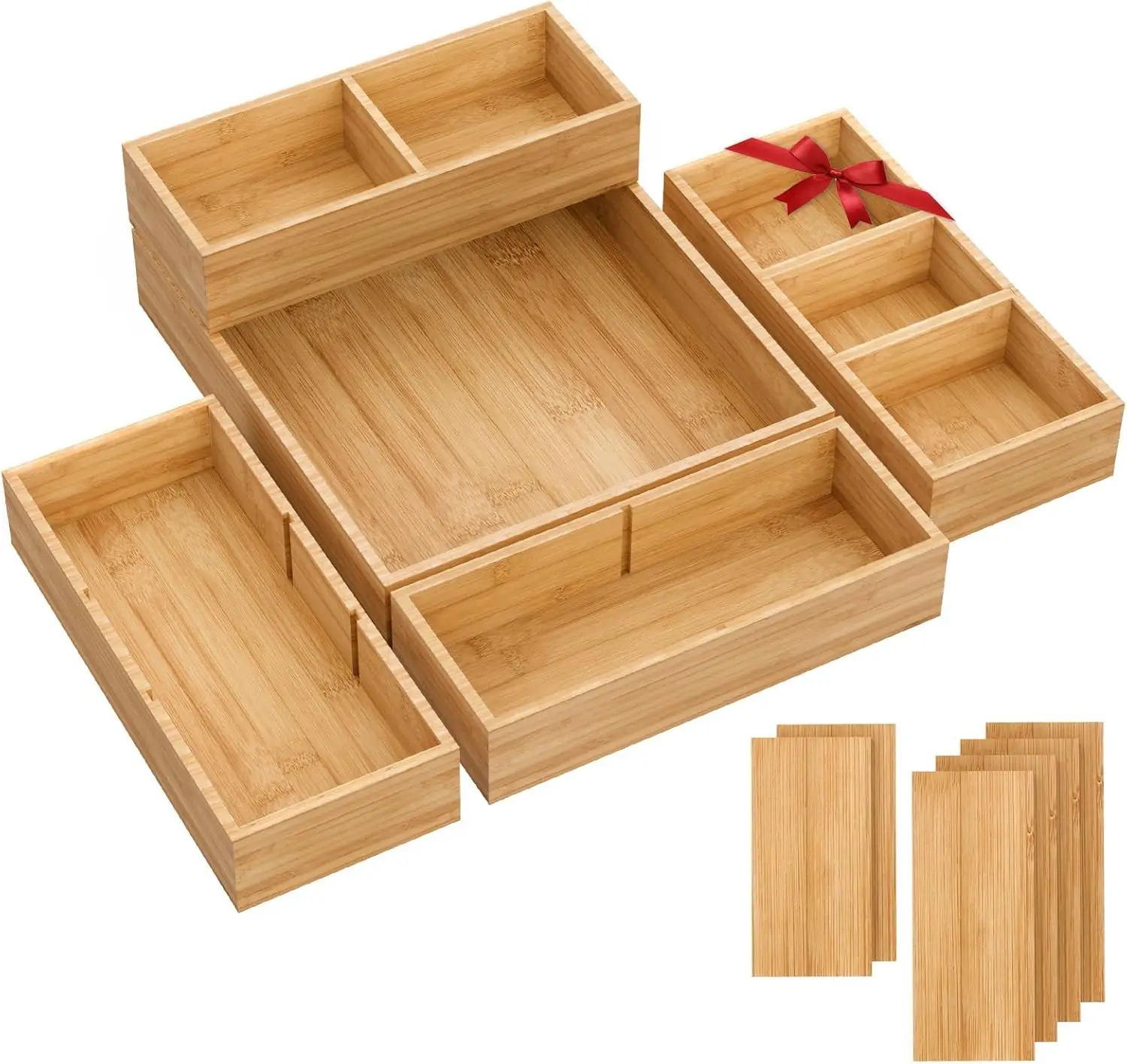 

5-Piece Bamboo Drawer Organizer with Removable Dividers, Stackable Storage Box for Kitchen, Office & More