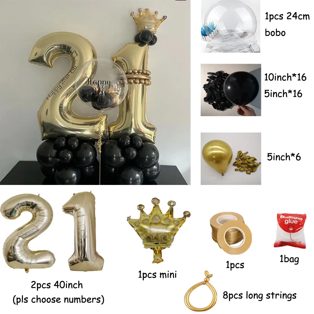 52pcs Black Balloon Set 40inch Light Gold Number Crowm Aluminum Foil Ballons Adult Birthday 21 30 40 50 70th Birthday Decoration