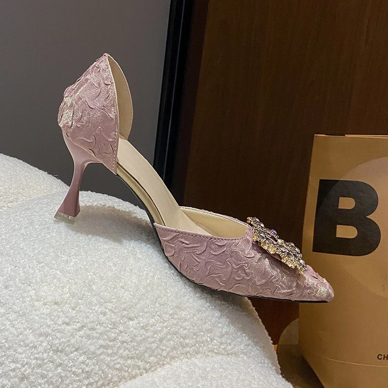 Women High Heel Pumps 6cm/9cm Pointed Toe Stiletto Low Heel Women\'s Shoes Office Lady Rhinestone Shoes Pink Heels Wedding