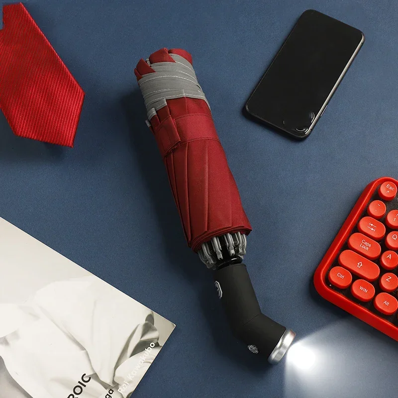 Automatic Umbrella With Reflective Stripe Reverse Led Light Umbrella Three Folding Inverted 10 Ribs without Battery