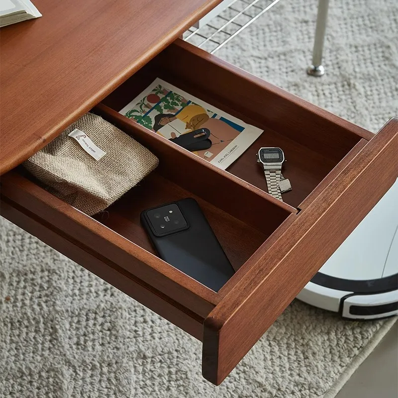 Coffee table living room household small apartment medieval retro oval solid wood with double-layer tea table balcony tea table