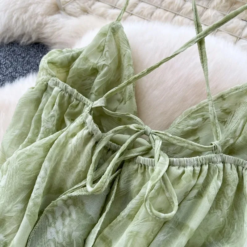 Elegant V-neck Straps Vintage Sleeveless Chic Asymmetrical Ruffles Backless Slim Dresses French Vacation Women Fashion Clothing