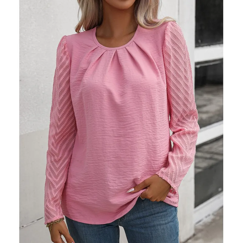 2024Spring and Autumn New Solid Color Casual Fashion Women's Round Neck Folded Chiffon Perspective Long Sleeve Temperament Shirt