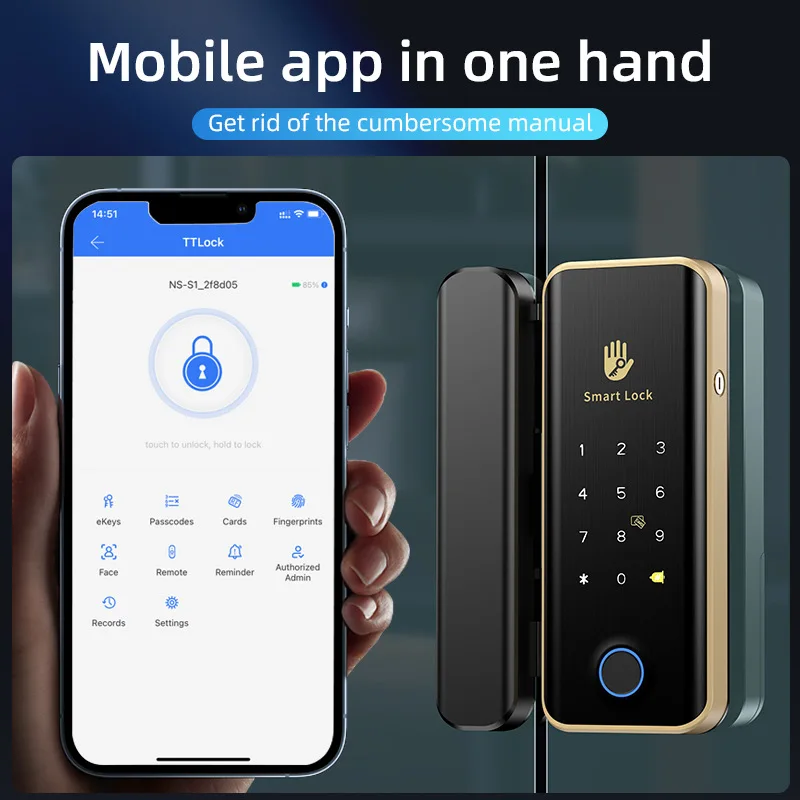 TTLock Face Recognition Lock Brass Color Smart Glass Door Lock Ttlock Lock Remote Controller with Camera for Office