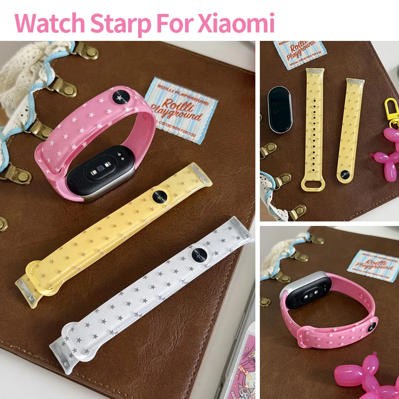 Cute Star Print Transparent Watch Strap for Xiaomi Mi Band 9 8 Sweet Candy Color Soft Silicone Replacement Wristband for Mi 10 9