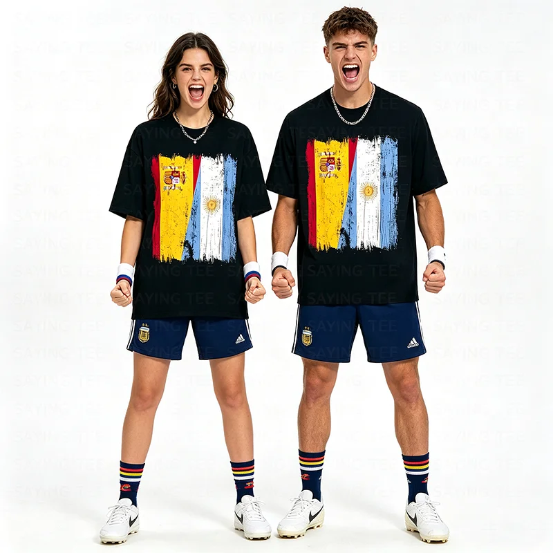 Spanien Argentinien Halbflaggen-T-Shirt: Spanisch-Argentinische Wurzeln – Fußballspiel 2026 Spieltag für Champion Grafik-Bekleidung Fußball-T-Shirt – Detail 6