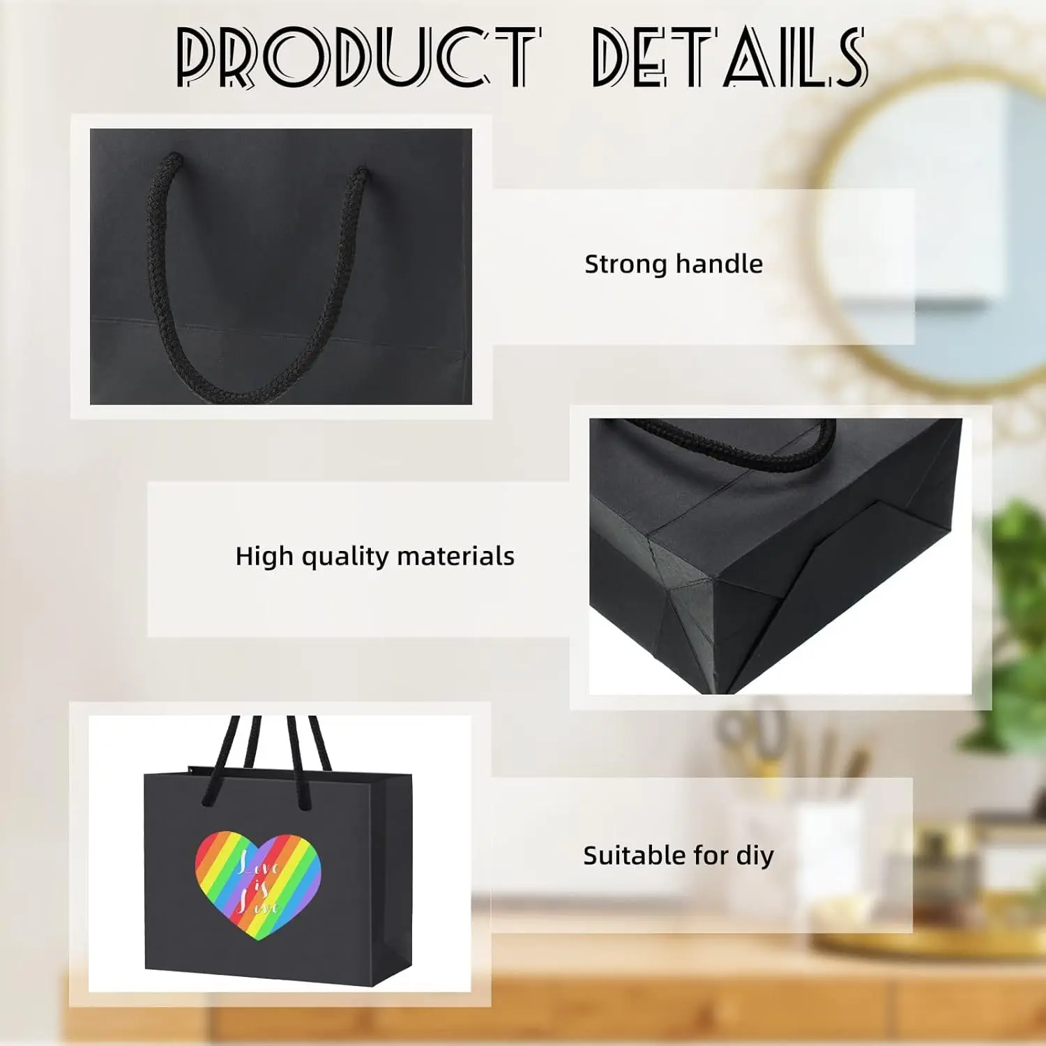 Schwarze Papier-Geschenktüten mit Griffen, Basteln, Partyplaner, Geschenkgriffe, perfekt für Hochzeit, Geburtstag, Party, Basteln, Geschenke, 10 Stück – Detail 4