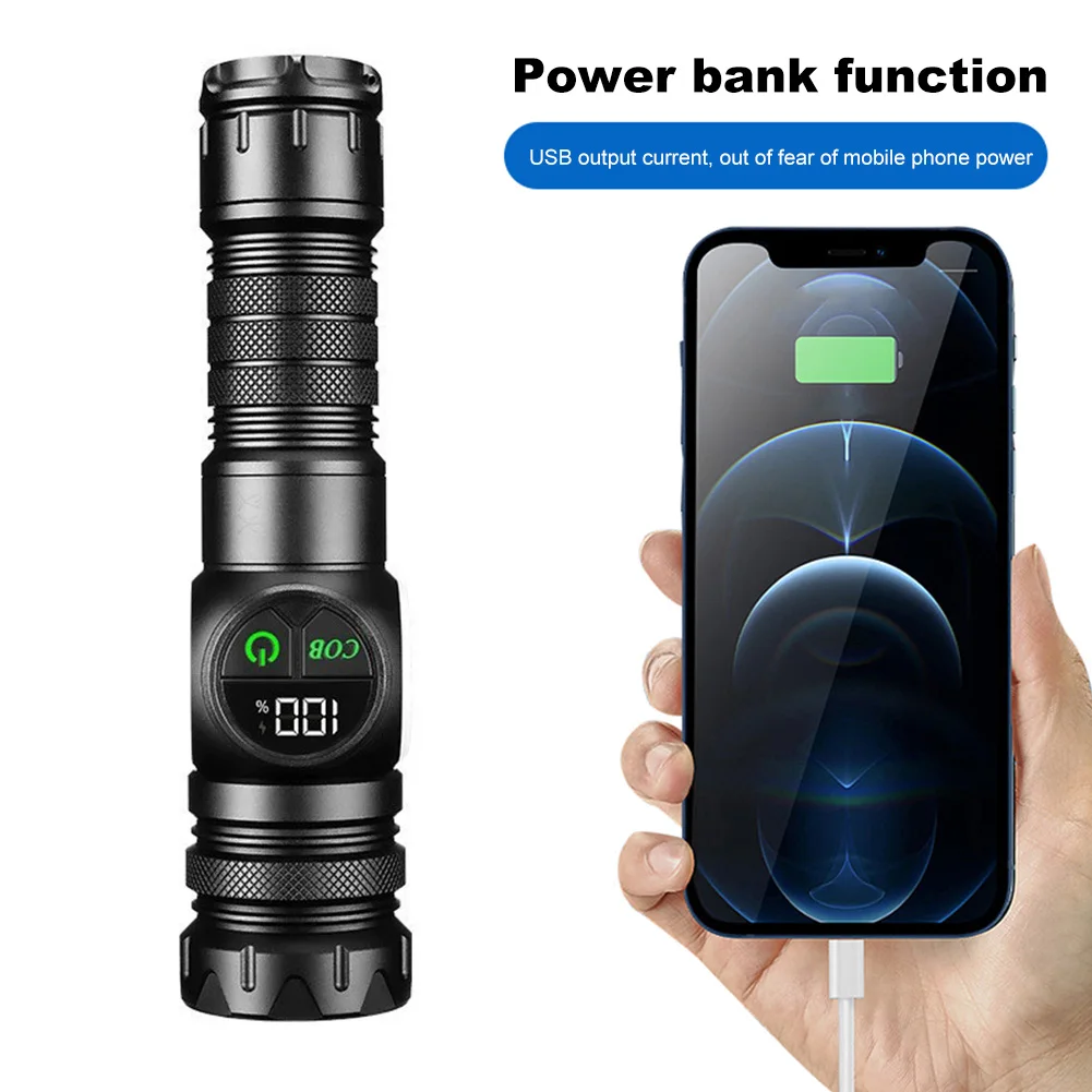 20W LED+COB High Power Flashlight Power Display Zoomable Flashlight Type-C Rechargeable Outdoor Hand Lamp for Camping Hiking
