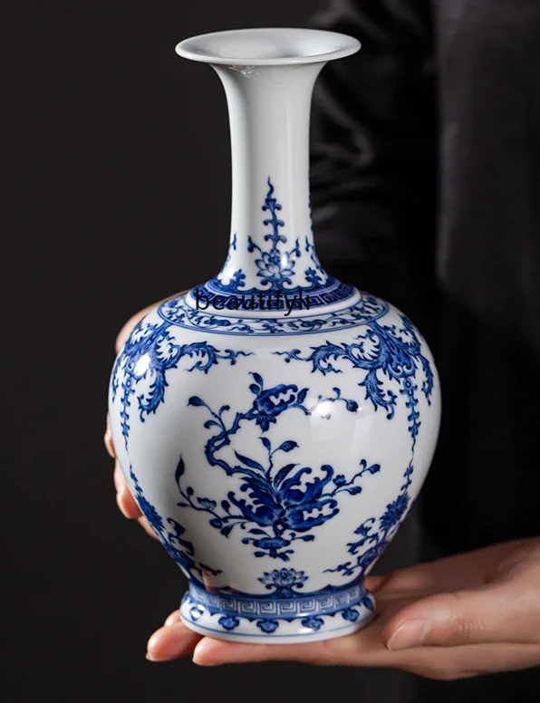 Blue and White Hand Drawn Vase Jingdezhen Ceramic Living Room Entrance Desktop Decoration Decorating Vase Decoration