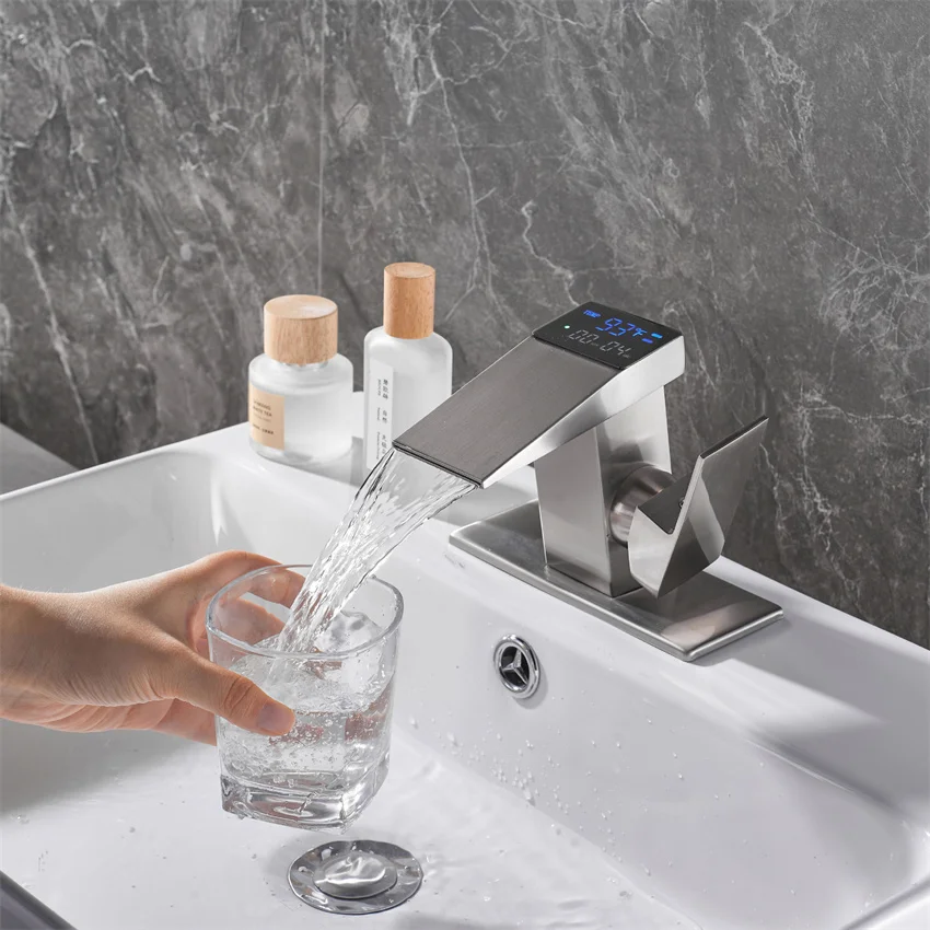 

Smart Digital Display Basin Sink Faucet Hot Cold Water Temperature LED Washbasin Bathroom Deck Waterfall Taps