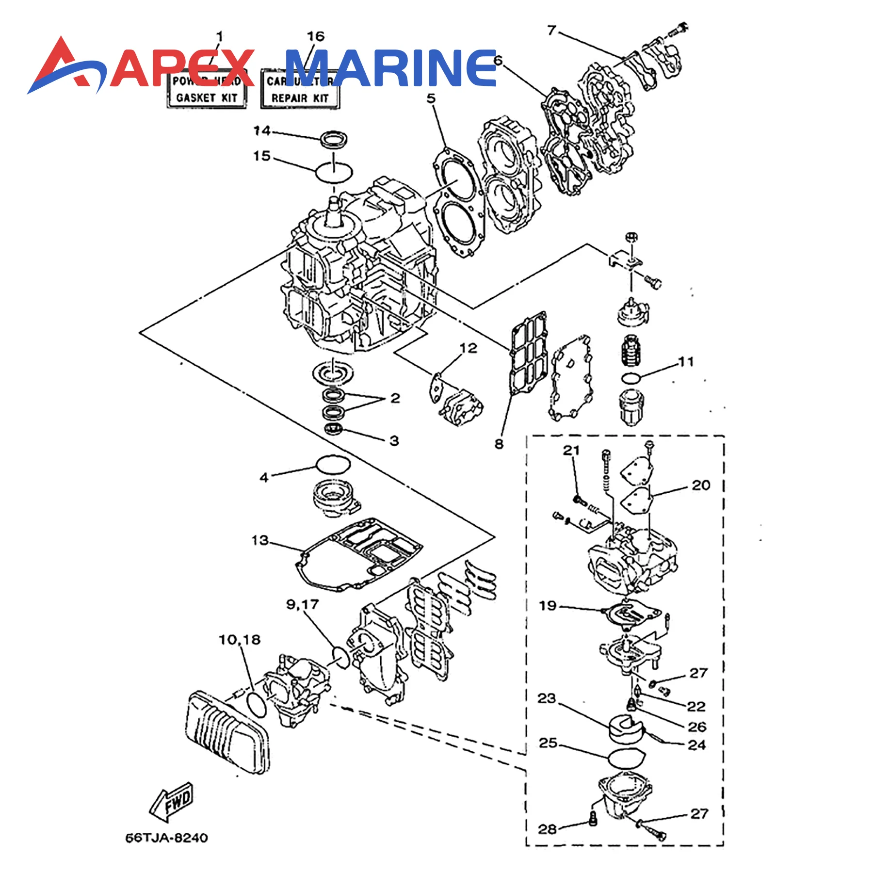 66T-W0093-00-00 Motor Carb Rebuild Kit for Yamaha Outboard 2-stroke 40HP E40X Boat Engine Fit 66T-14301-01 02 12 22 Carburetor