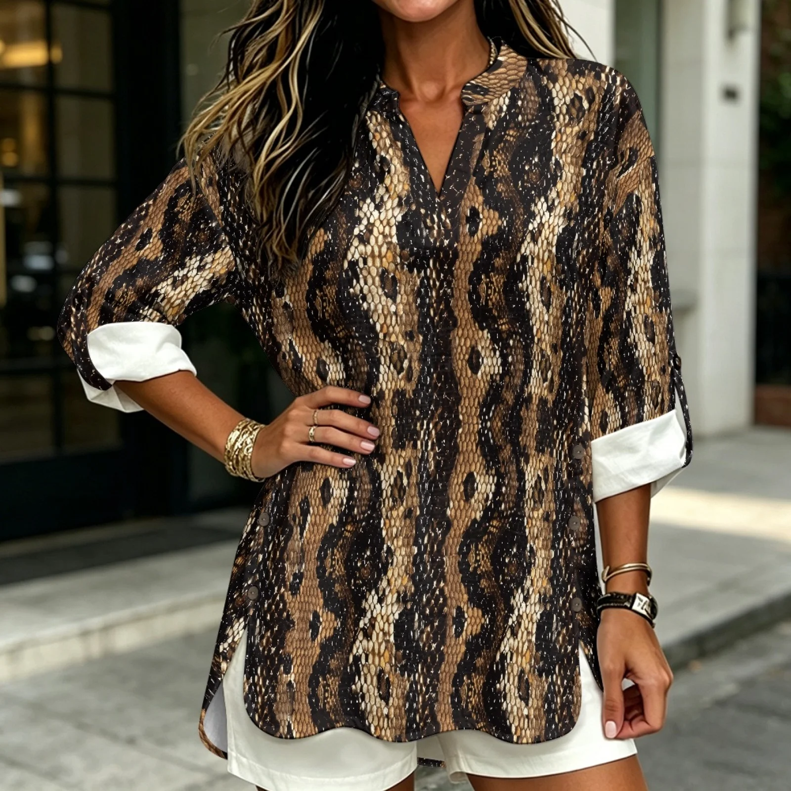 PENSTROLL Rolled Sleeve Linen Like Dressy Casual Blouses Breathable Long Sleeve Shirts for Women for Daily Wear Snake Skin