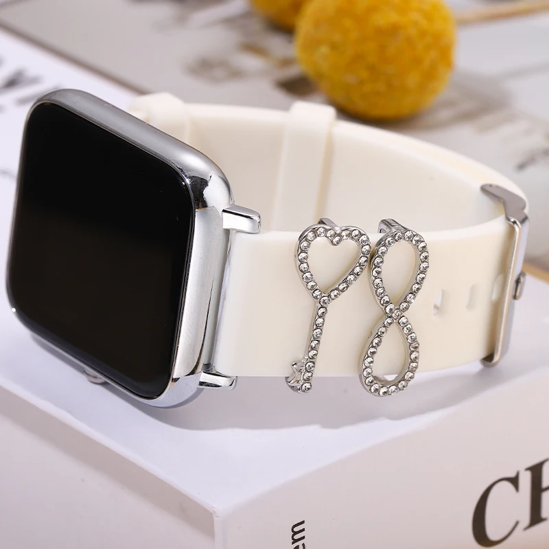 Set Gandulan Tali Silikon Set Cincin Hati Simpul Pita untuk Iwatch Gelang Jam Perhiasan Jimat Liontin Kuku untuk Aksesori Jam Tangan Apple
