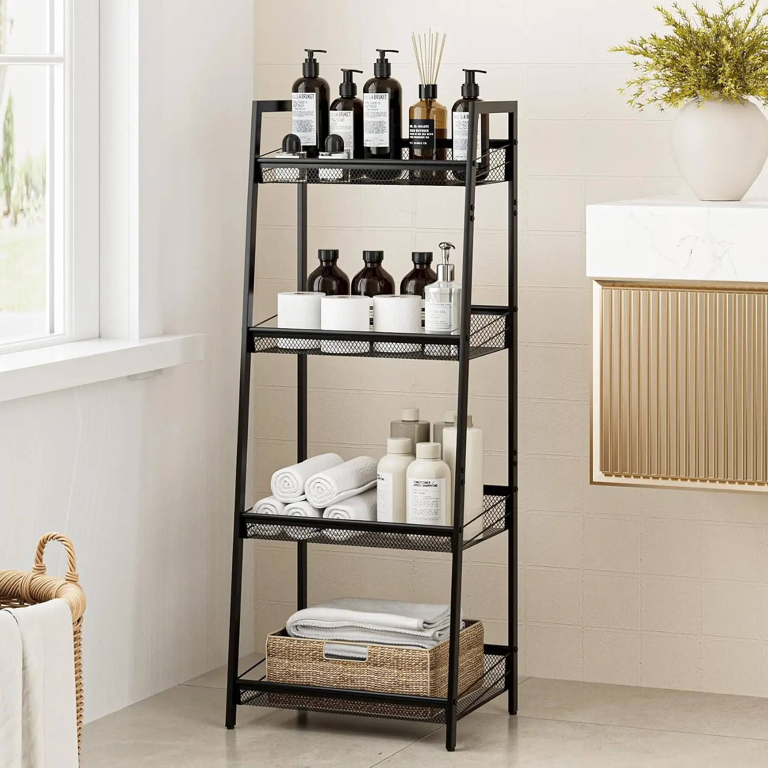 4 Tier Bathroom Shelf, Bathroom Organizer and Storage for Small Space, Free-Standing Metal Rack Shelves Waterproof for Kitchen, Bathroom, Laundry, Toilet, Black