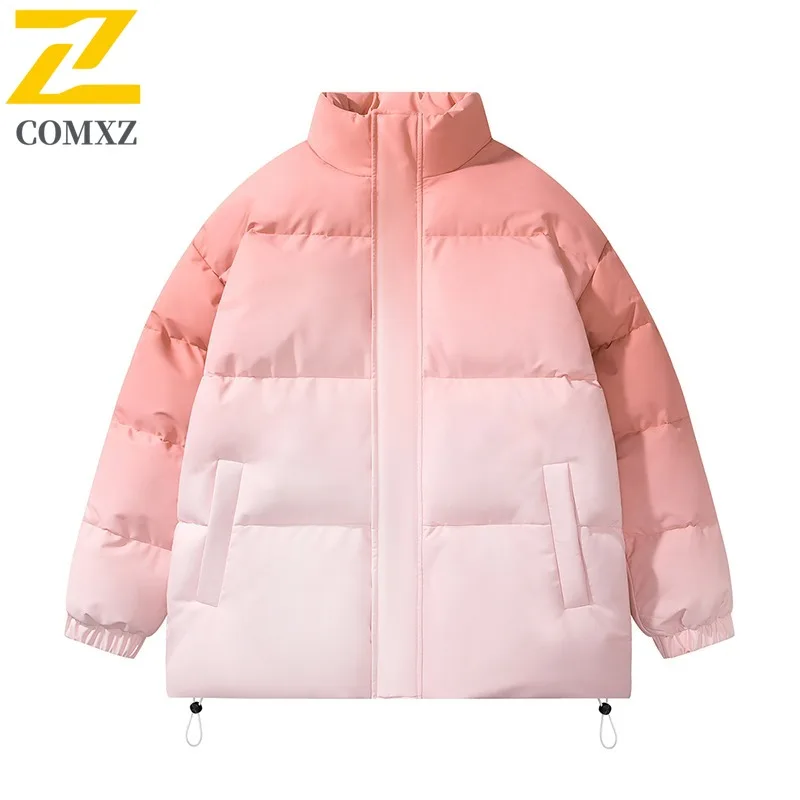 COMXZ 2025 الرجال النساء زوجين الوقوف طوق التدرج سترة قطن الشتاء فضفاضة تناسب العصرية المتخصصة تصميم معطف خفيف الوزن #4