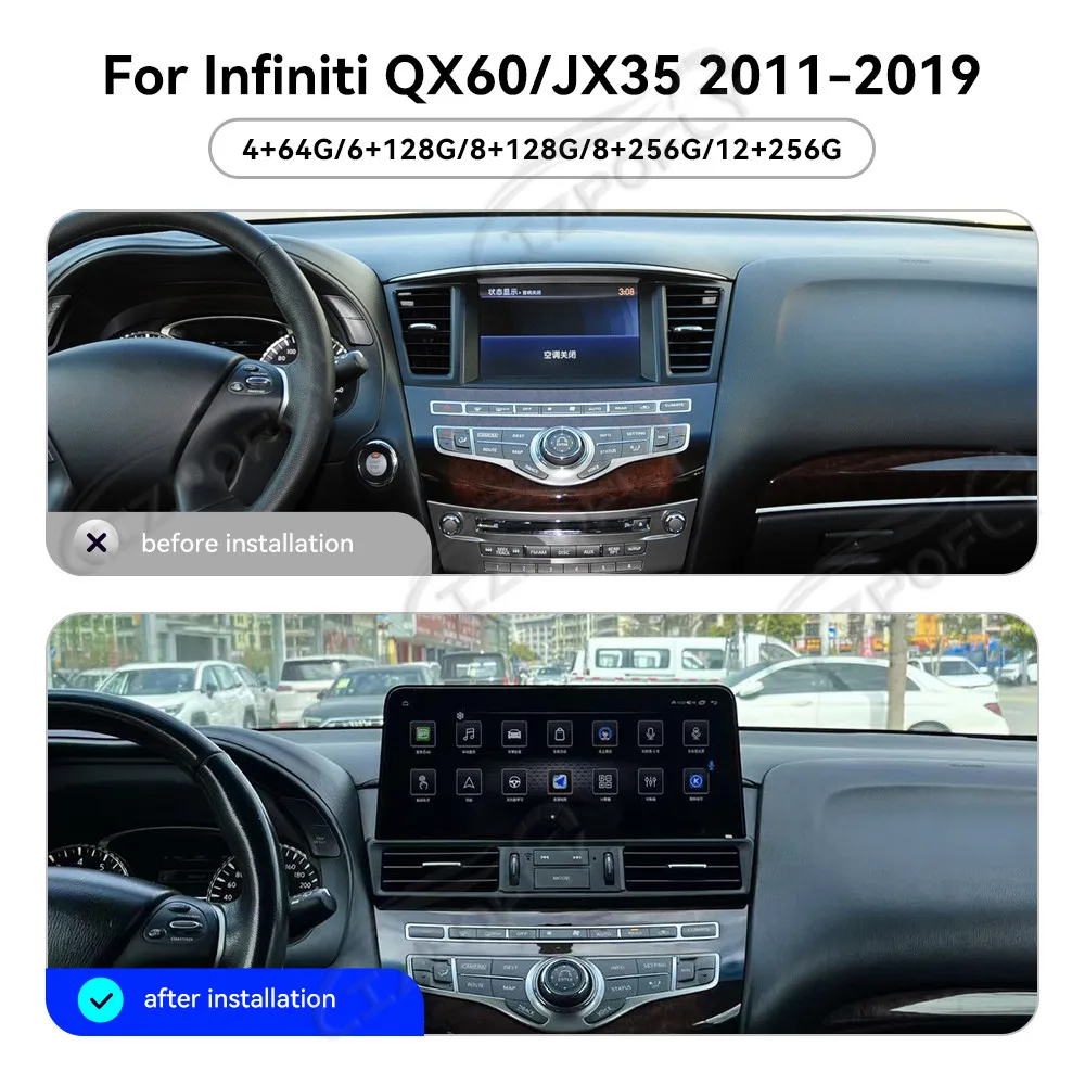 

12,3-дюймовое автомобильное радио с Carplay для Infiniti QX60 / JX35 с откидным экраном 2011–2019 гг. – Поддержка оригинальных экранов 360 и экранов на подголовниках