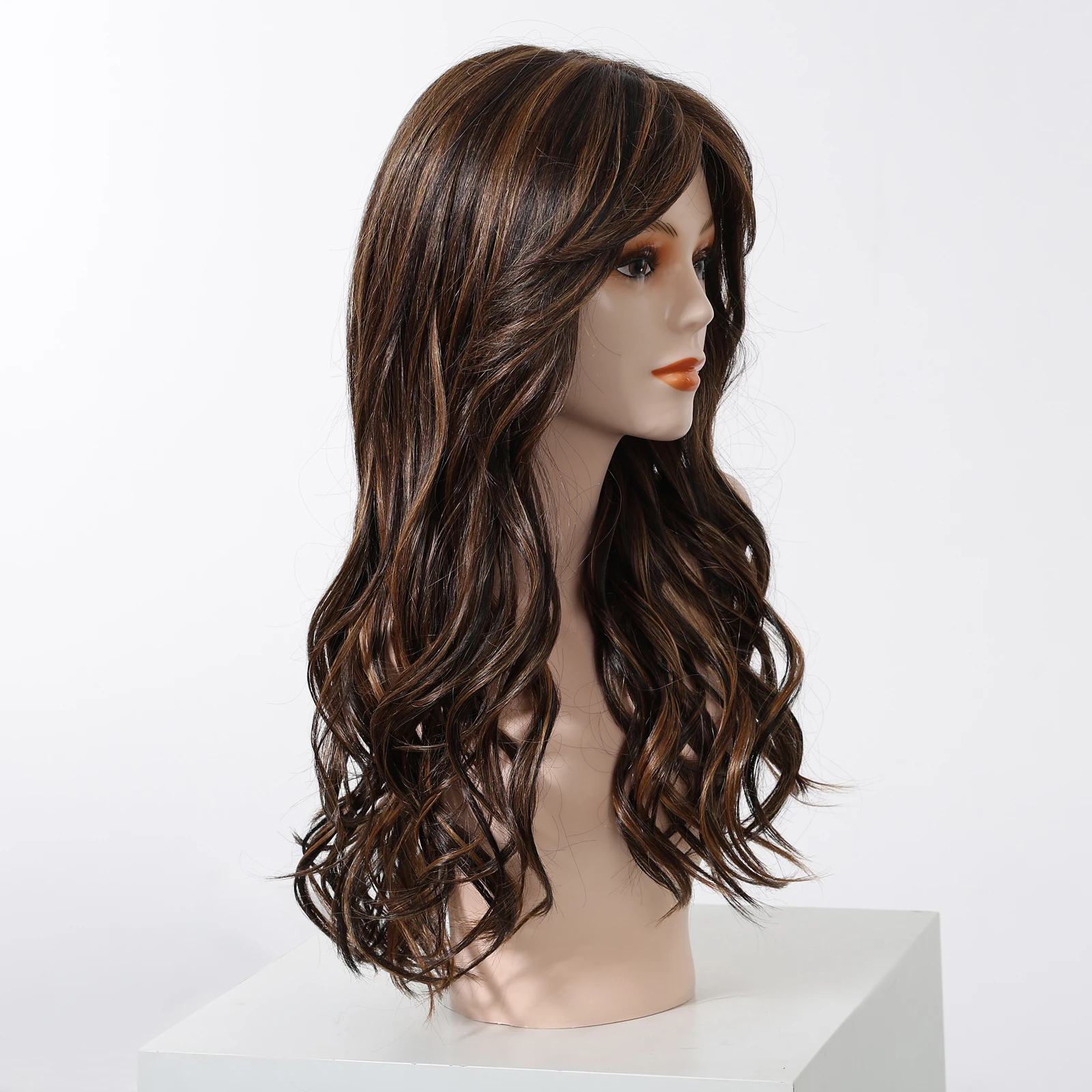 Long Wavy Curly Lace Front Synthetic Wigs for Women Brown With BLonde Highlights MONO Top Wigs Free Part Futura Wigs Glueless