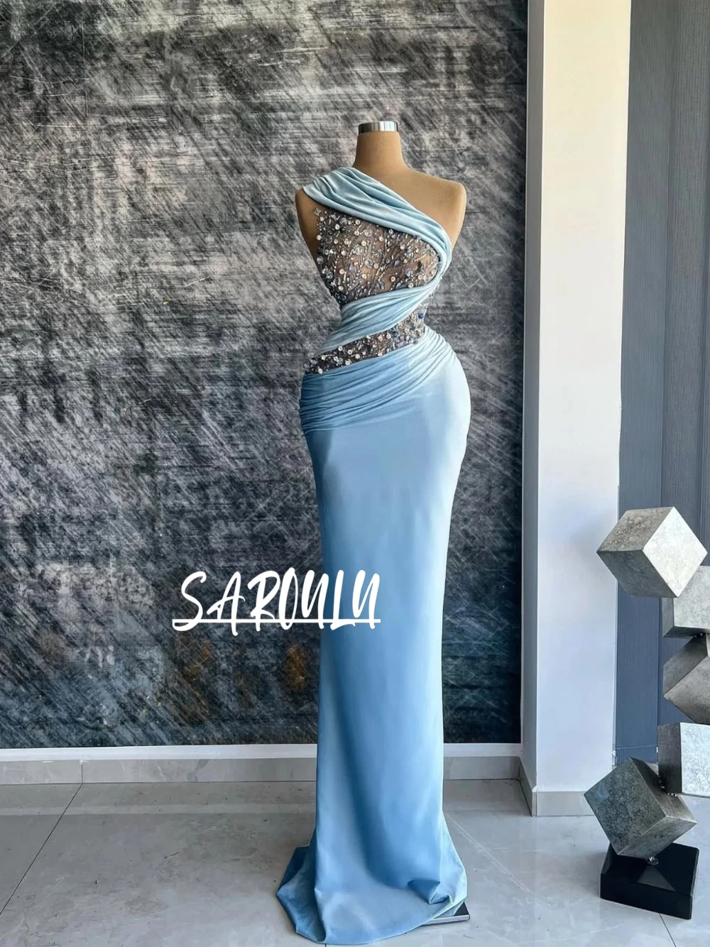 

Newest Blue Straight Evening Dress Shiny Crystals Sleeveless Customized Prom Gown Dinner Party Chic Birthday Party Formal Wear