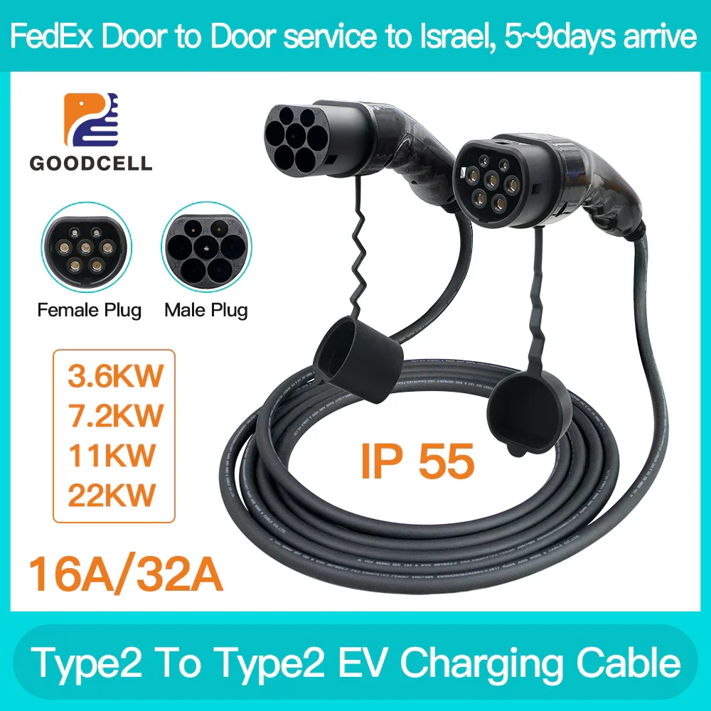 32A 22KW EV Charger Cable Type 2 Fast  Charging Station Male To Type 2 Car Female IEC 62169-2 Standard For Electric Vehicle