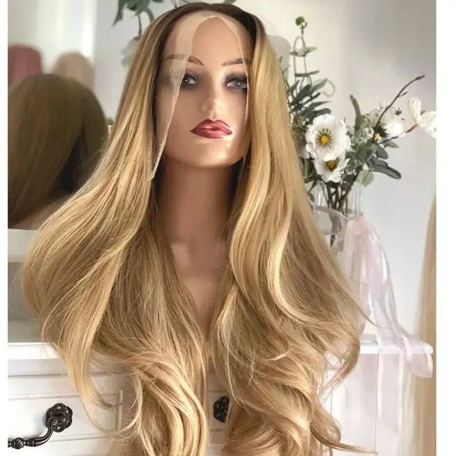 Ombre mel loira onda solta peruca de cabelo peruca dianteira do laço para as mulheres perucas dianteiras do laço sintético peruca preplucked linha fina com cabelo do bebê