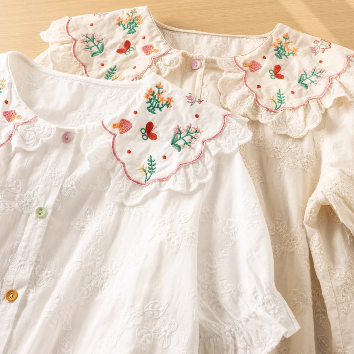 Lolita Sweet Flowers Embroidery Lace Patchwork Cotton Short Sleeve Shirt Blouse Mori Girl Fairy Designer Cotton Lace Shirts