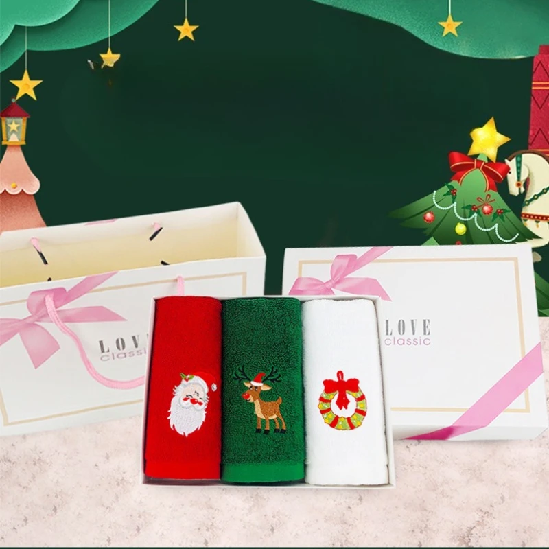3 pçs toalhas de natal puro absorvente bordado algodão puro presente de natal para varejo e supermercado bonito dos desenhos animados bordado