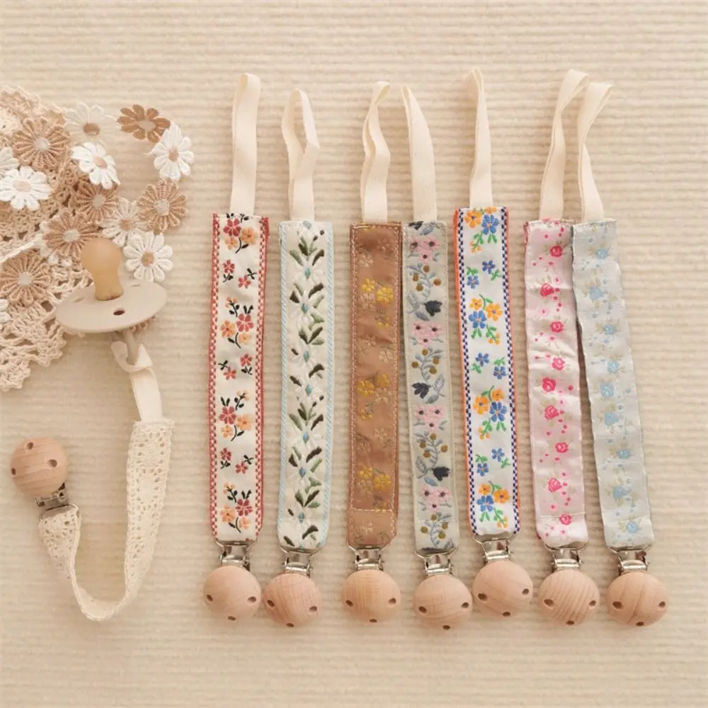 Ethnic Style Baby Cloth Pacifier Chain Adjustable Embroidery Floral Nipple Holder Clips Wood Teether Toys Straps Soother Holder