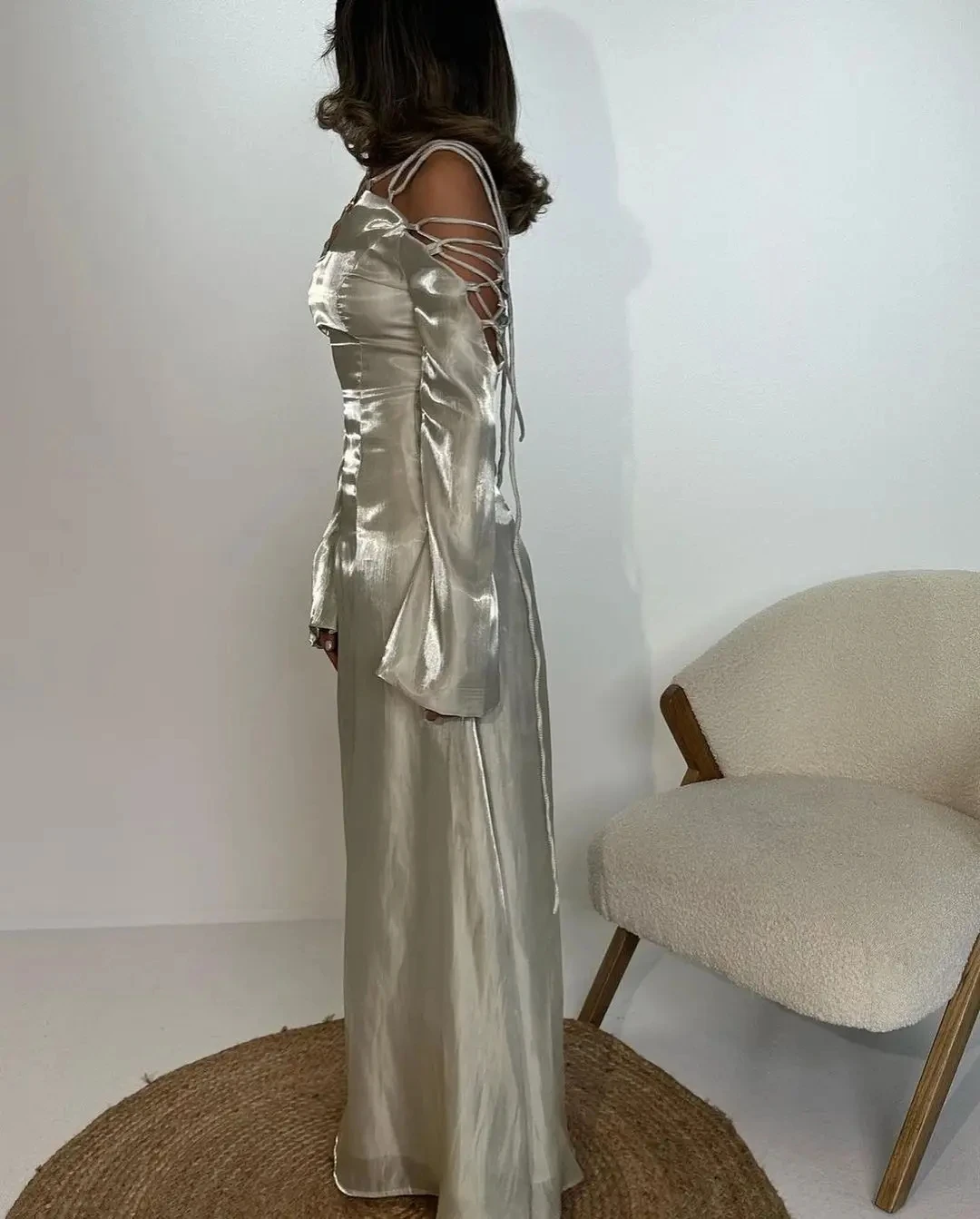 Flora Dress Elegant Silver Mermaid Prom Dresses 2023 Lace-Up Long Sleeves V-neck Glisten Arabia Fashion Evening Gown For Women
