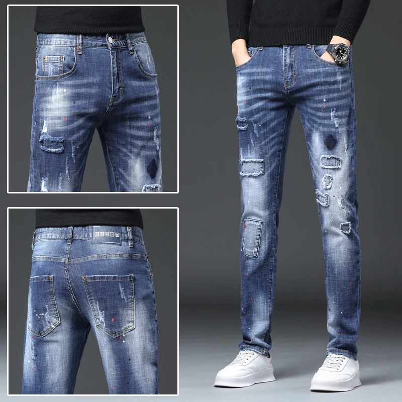 Men's distressed jeans men's new 2024 spring and autumn casual pants patch and slim fit denim skinny jeans men