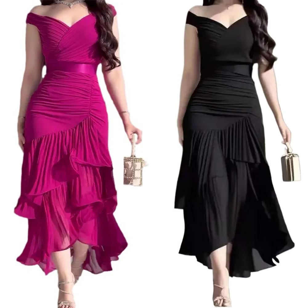 

Женские платья 2024, весеннее новое милое стильное однотонное повседневное длинное платье без рукавов с высокой талией и рюшами и v-образным вырезом без рукавов