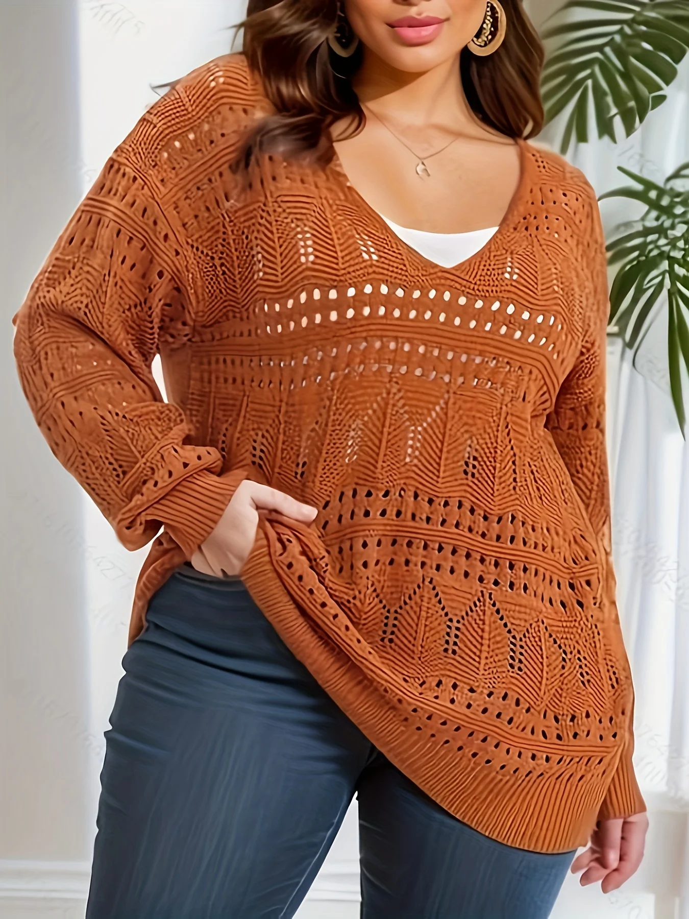 Plus Size Casual Knit Top, Women\'s Solid Hollow Out Long Sleeve V Neck Sheer Pullover Sweater,Autumn&Winter Sweater