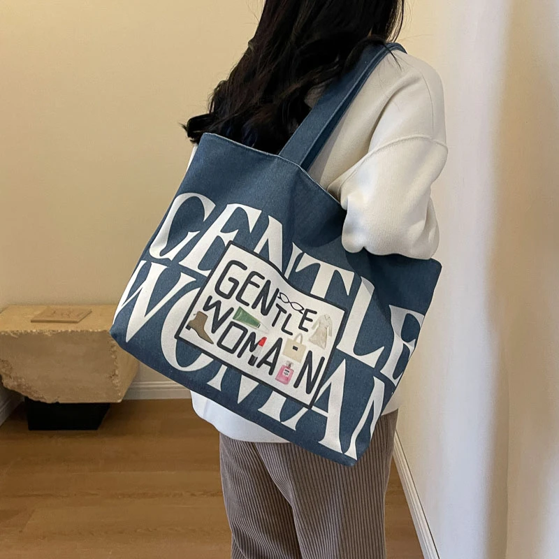 Simple Travel Shoulder Bags For Women Cute Cartoon Printing Handbag Casual Bag Female Large Capacity Shopping Bag Canvas Tote