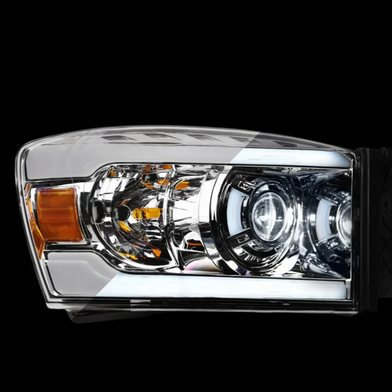 Full LED Projector Headlights With White LED Light Bar - Chrome Amber Fits 2006-2008 Dodge Ram 1500/2006-2009 2500 3500