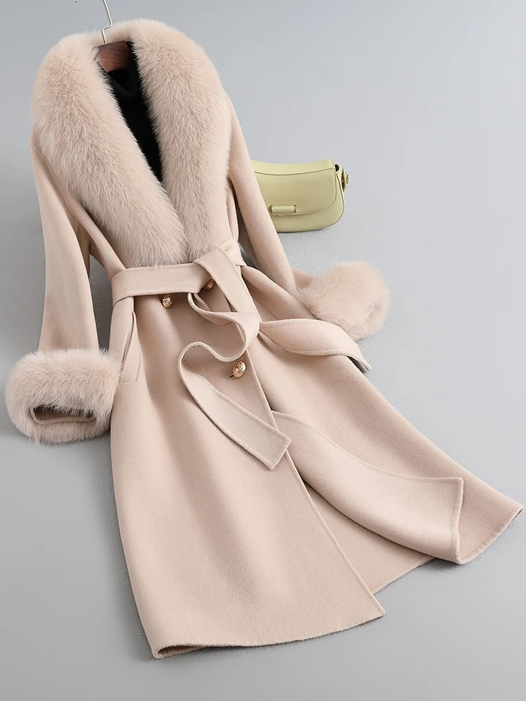 

Double sided cashmere coat for women in 2023, medium length fur collar, double-sided wool woolen coat, fashionable and