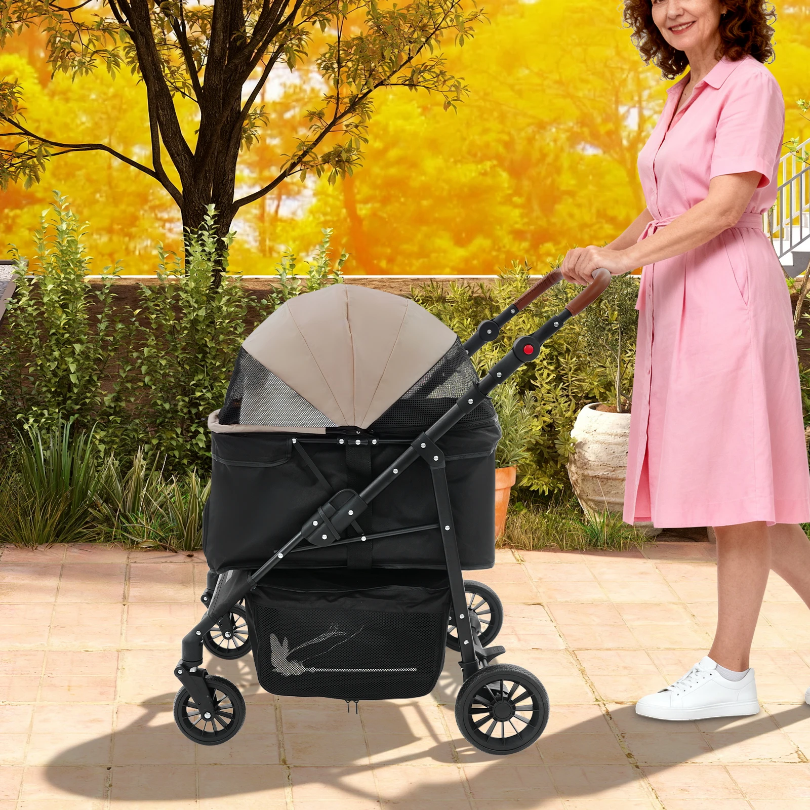 Faltbarer Haustier-Kinderwagen für Kleine und Mittlere Hunde und Katzen, 79x47x100cm, 2-stöckiger Hundetransportwagen, Atmungsaktiver Netz-Haustierbuggy, Outdoor-Reisekinderwagen