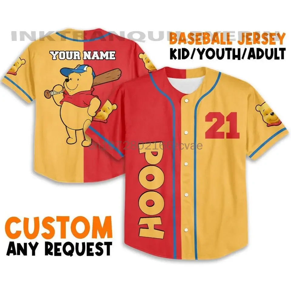 2024 New Summer Vintage Buttons Winnie Pooh Cute Custom Style Baseball Jersey Cartoon Oversized Training Uniform Adult/kid Kit