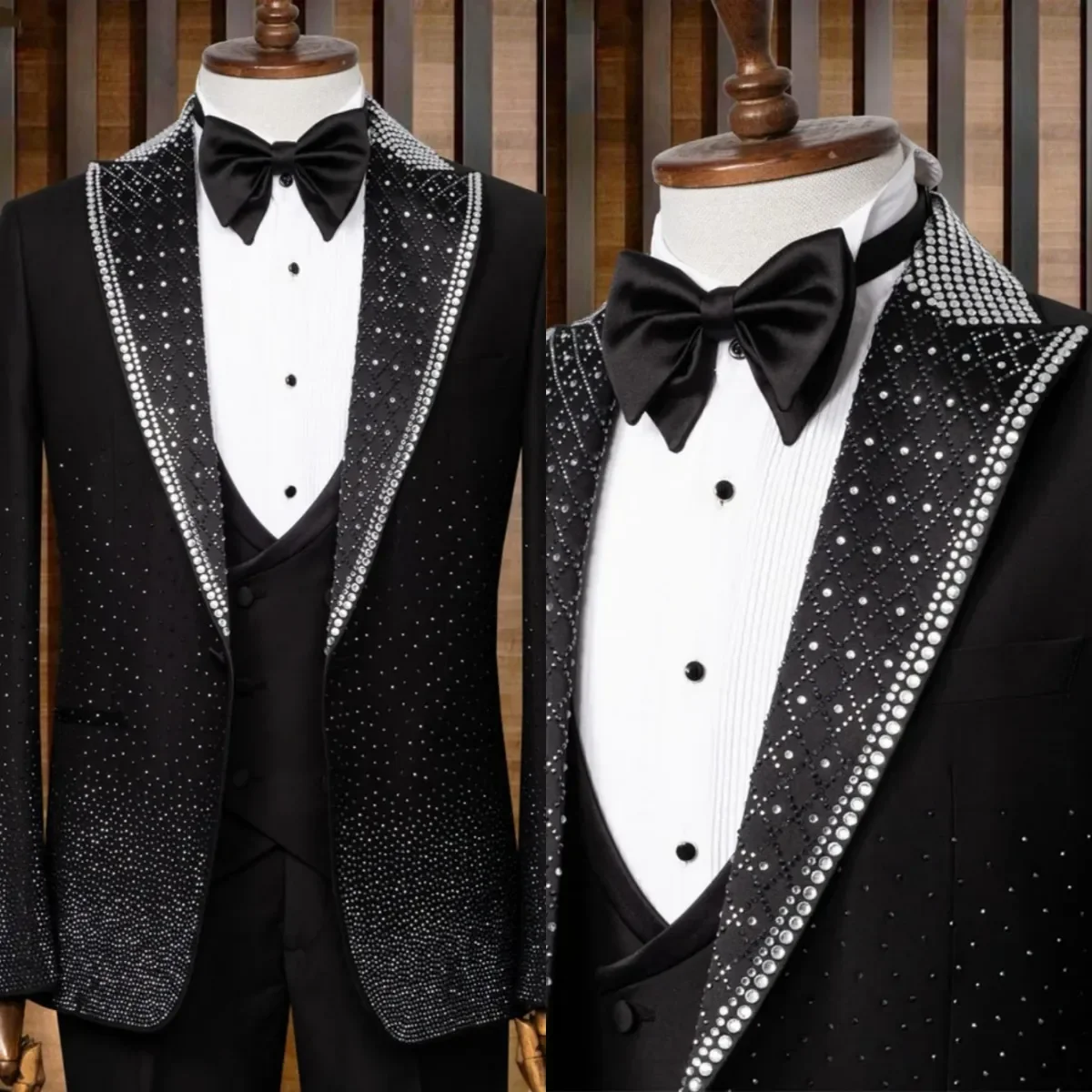 Designer Wedding Tuxedos 3Pcs Beaded Black Men Suit Fashion Peaked Lapel Single Breasted Evening Prom Groom Blazers Customized