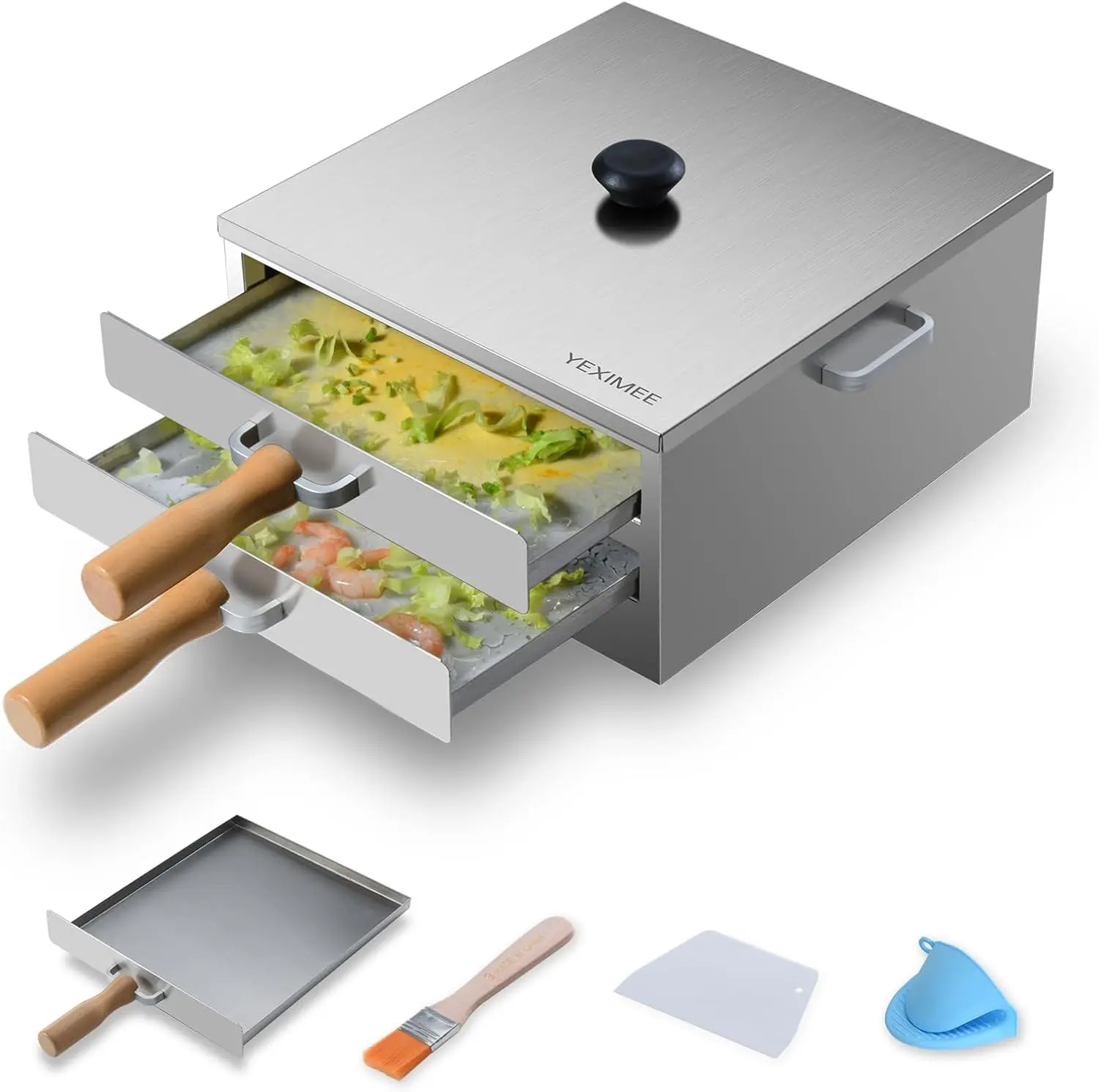 

Stainless Steel Rice Noodle Steamer, 2-Tier Commercial Machine with Wooden Handle and Extra Tray for Cantonese Cuisine