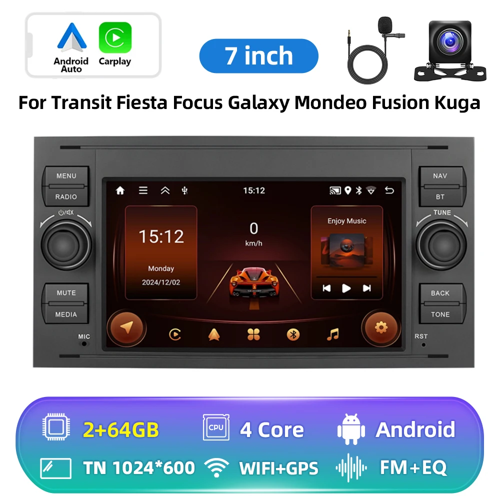 Podofo 7-Zoll Carplay Android Autoradio mit GPS-Navigation für Ford Focus Transit Fiesta Galaxy Mondeo Fusion Kuga C-Max Multifunktionales Auto-Stereo