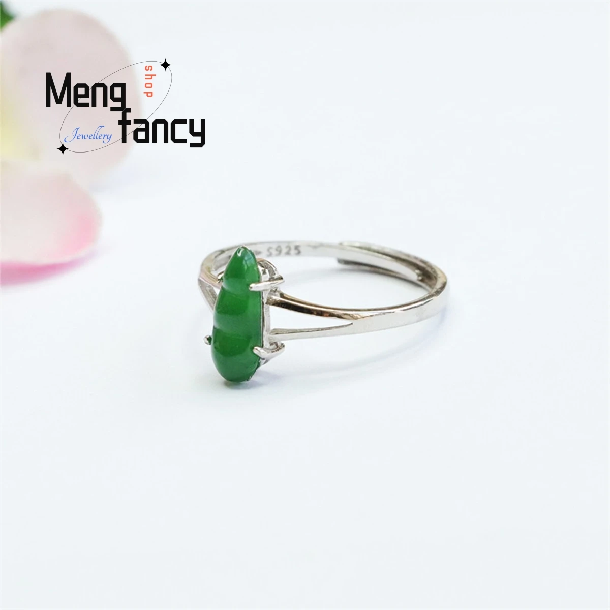 Natural S925 Silver Inlaid Jadeite Ice Type Kidney Bean Hollowed Out Carrier Ring Simple Elegant Personalized Fashion Jewelry